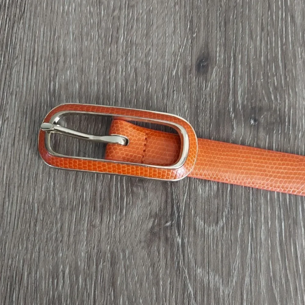 Iguana Print Orange Bonded Leather Skinny Belt Medium